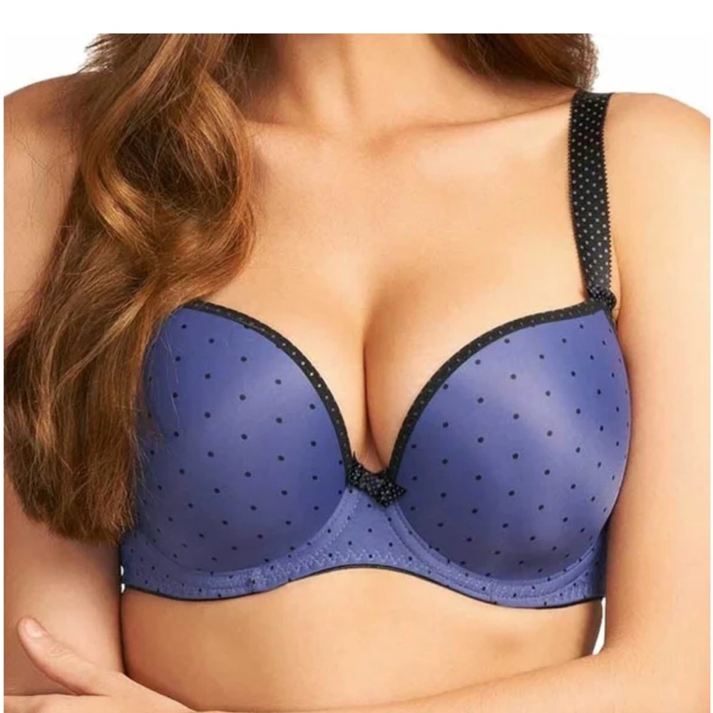 Freya Deco Spotlight Underwire Molded Plunge Bra 34C Indigo Polka Dot